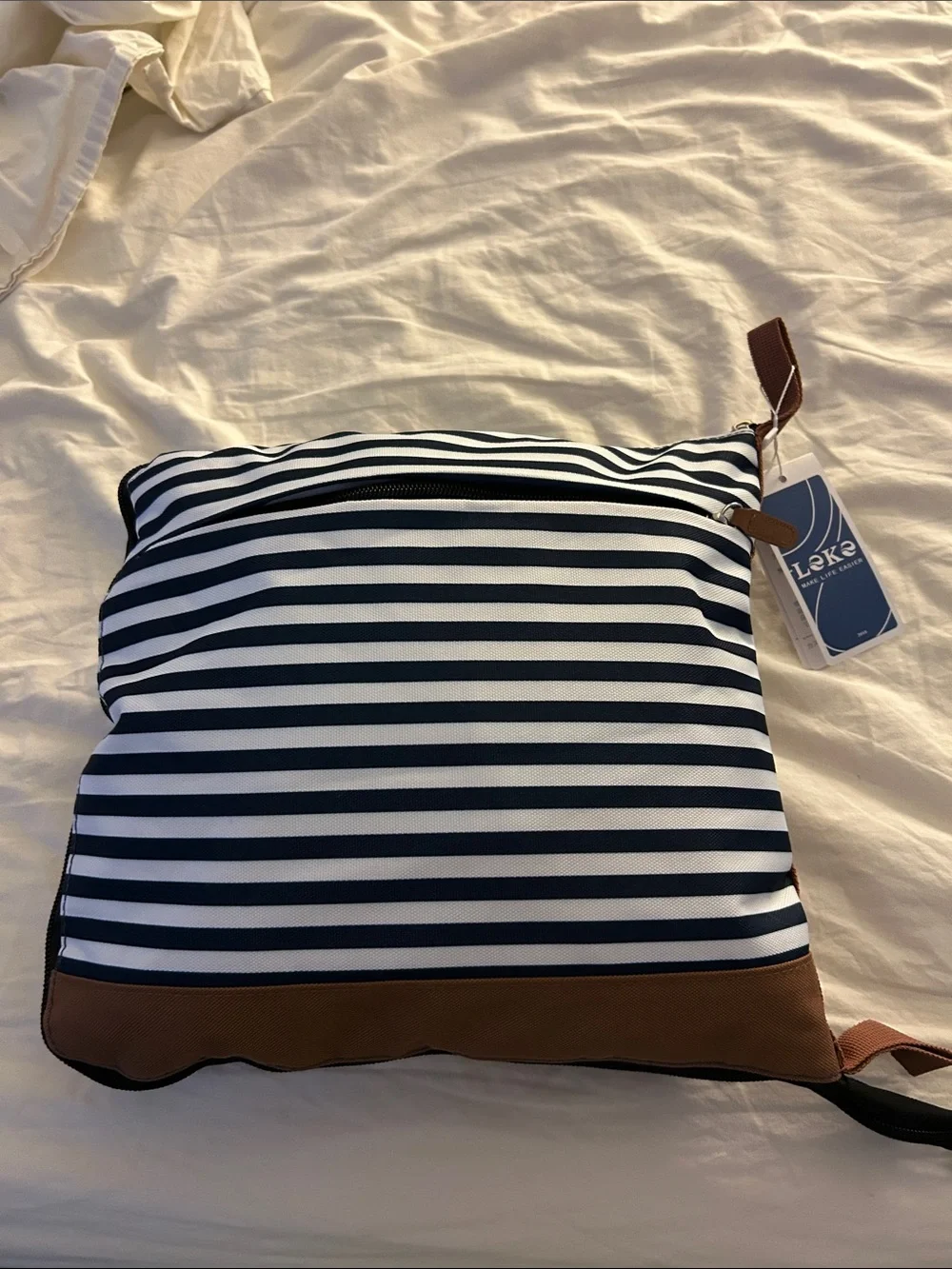 LOCO Navy & White Striped Casual compact/Large Duffel Bag with Brown Trim